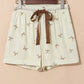White Bow Print Lace Drawstring Casual Shorts