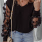 Flower Applique Mesh Long Sleeve V Neck Blouse