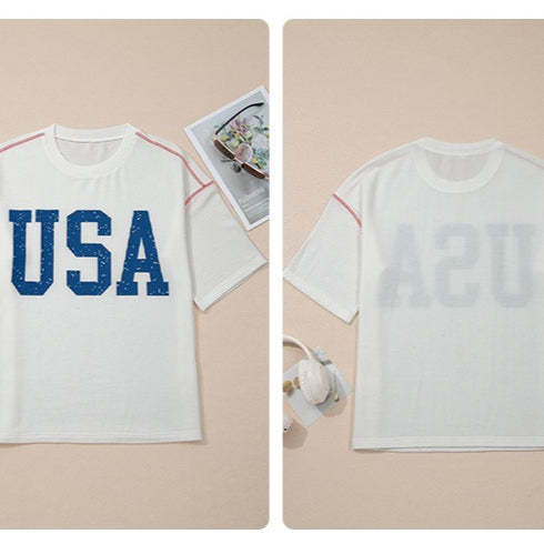 USA Graphic Half Sleeve Loose Ribbed Top