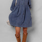 3/4 Sleeve Tied V Neck Pleated Denim Mini Dress