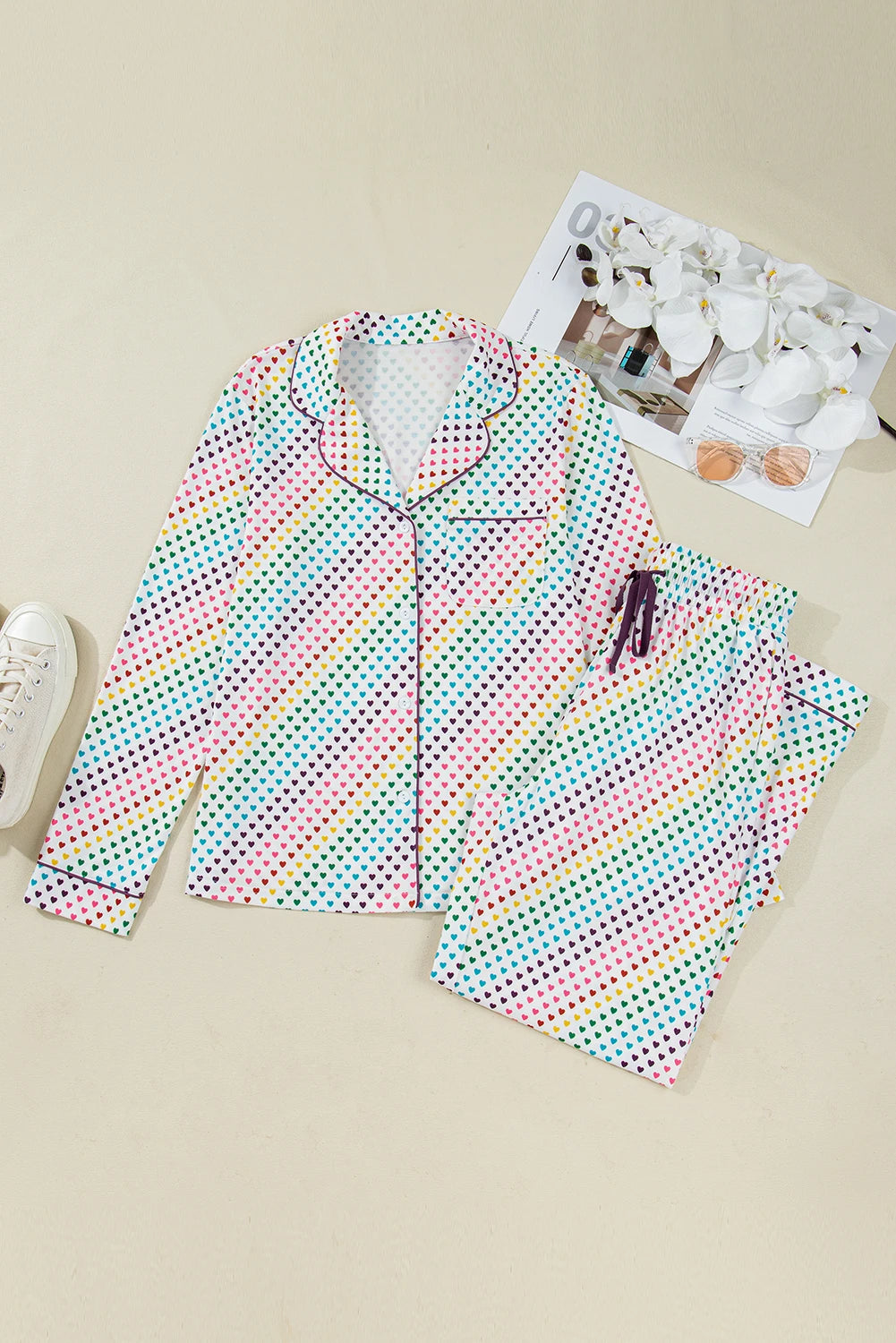 Heart Print Valentines Long 2pcs Pajama Set