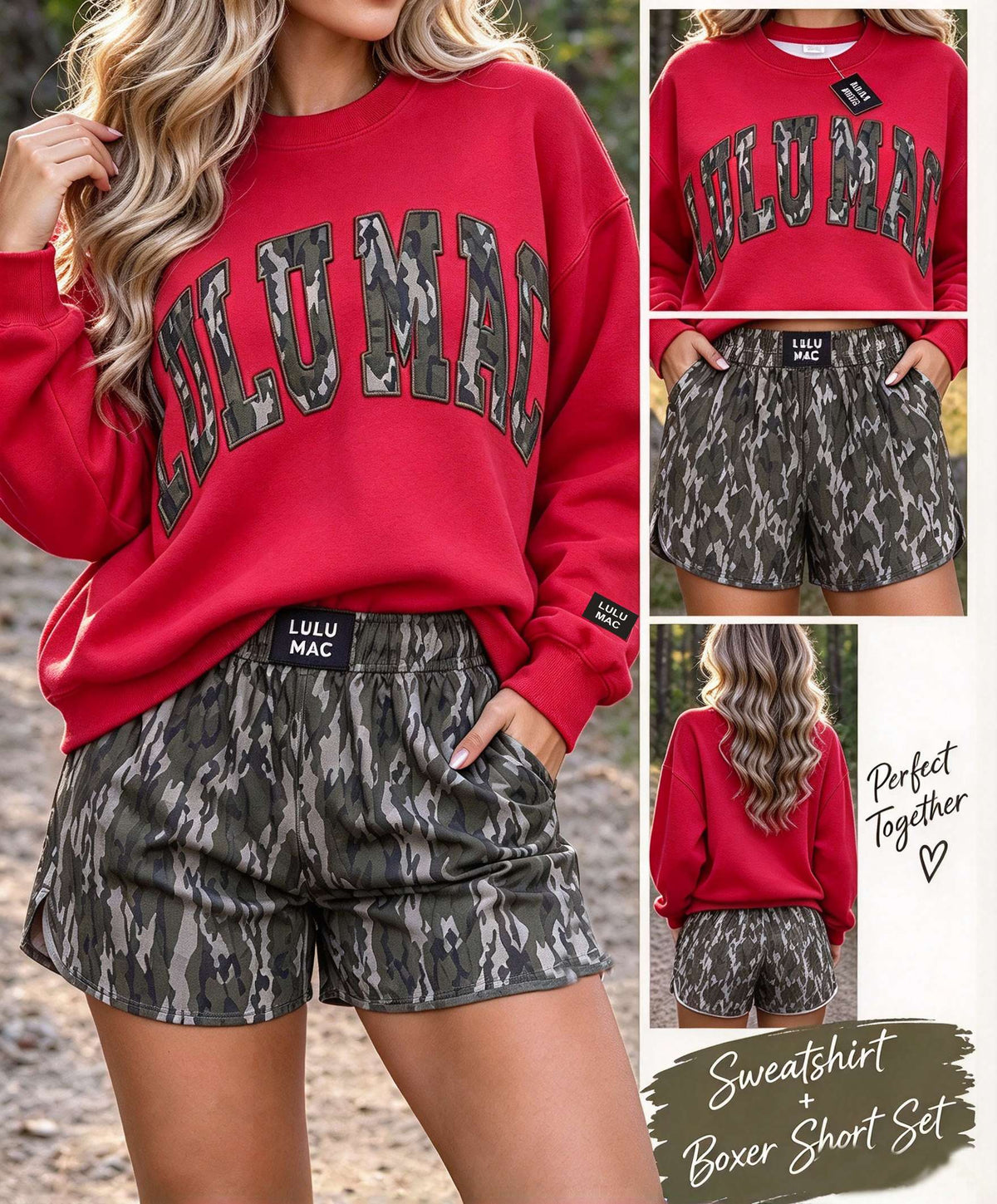 Women's Camo Letter Patch Pullover Sweatshirt & Matching Camouflage Athletic Shorts Set