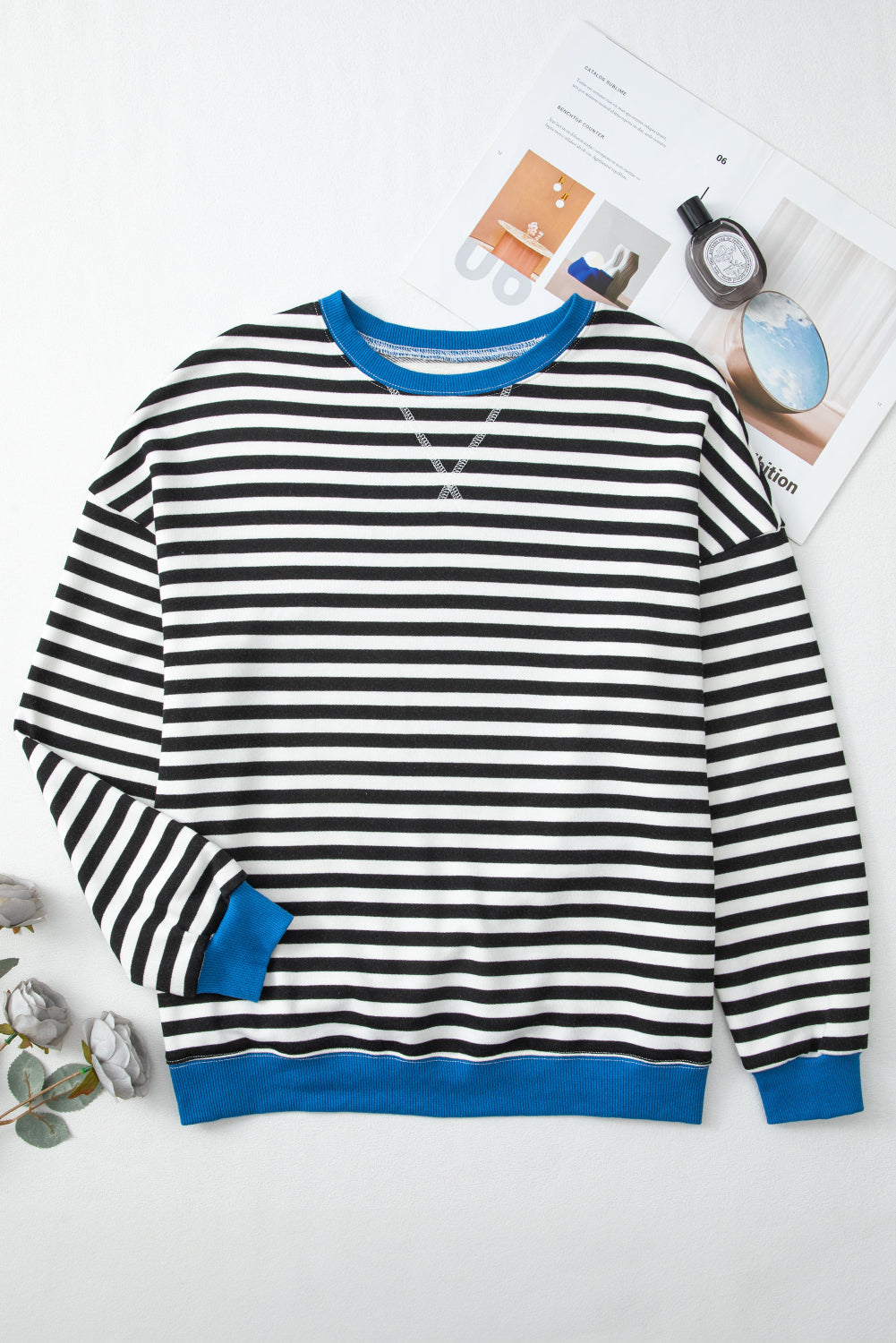 Striped Contrast Ribbed Trim Crossed Stitch Drop Shoulder Sweatshirt