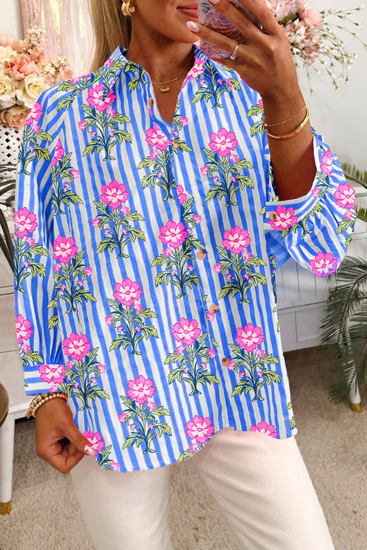 Striped Floral Print Buttoned Cuffs Loose Fit Shirt
