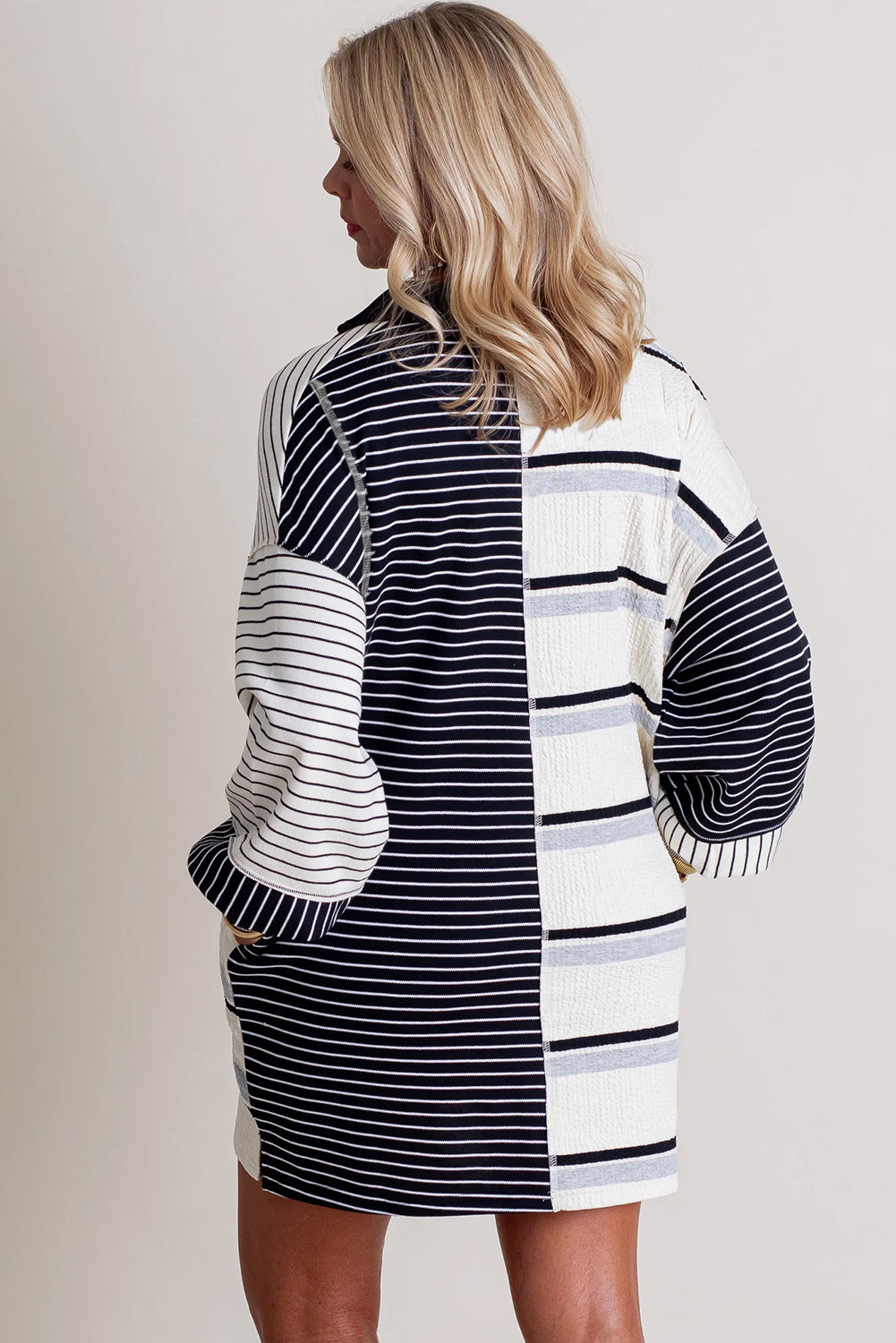 Stripe Knit Henley Collar Shift Mini Dress