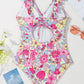 Floral Ruffle Trim V Neck Lace-up Back Tummy Control One Piece Swimsuit