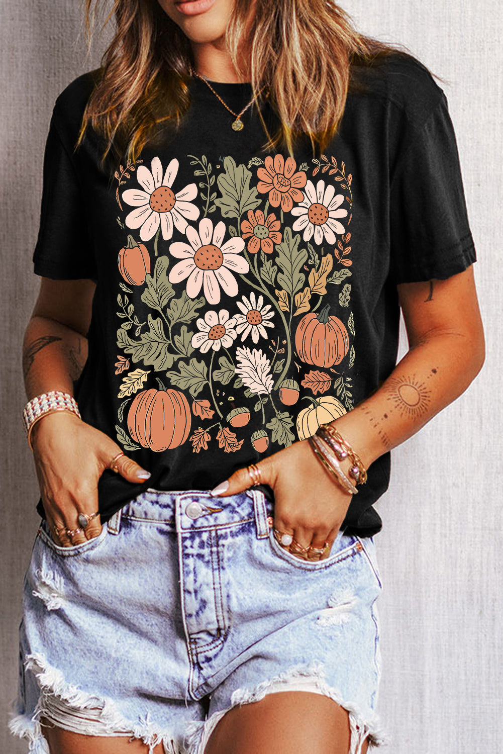 Wild Flower Pumpkin Print T Shirt