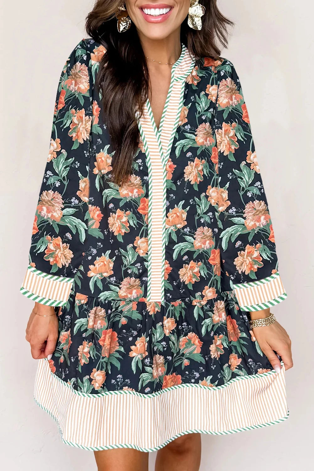 Neck Long Sleeve Ruffle Hem Shift Mini Dress