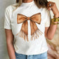 White Tassel Bowknot Print Round Neck Western Fashion T Shirt