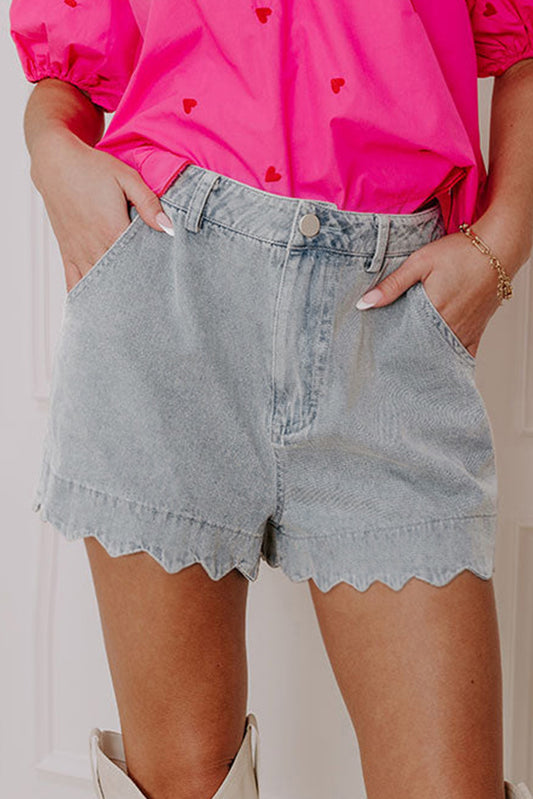 Scalloped Hemline Acid Wash High Waist Denim Shorts