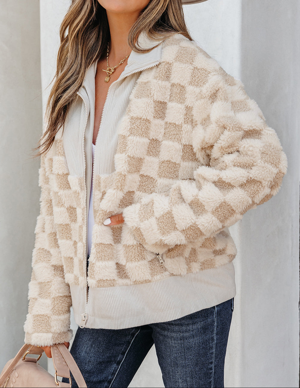 Checker Sherpa Corduroy Patchwork Zip up Collared Jacket