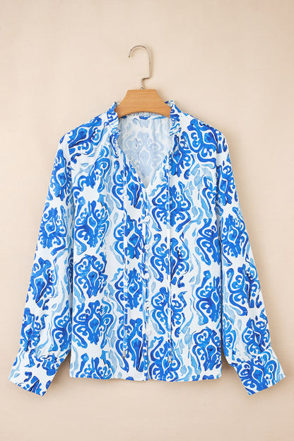 Ethnic Printed Tie Split Neck Button Front Puff Sleeve