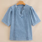 Pintuck Pleats Puff Sleeve Split V Neck Summer Denim Top