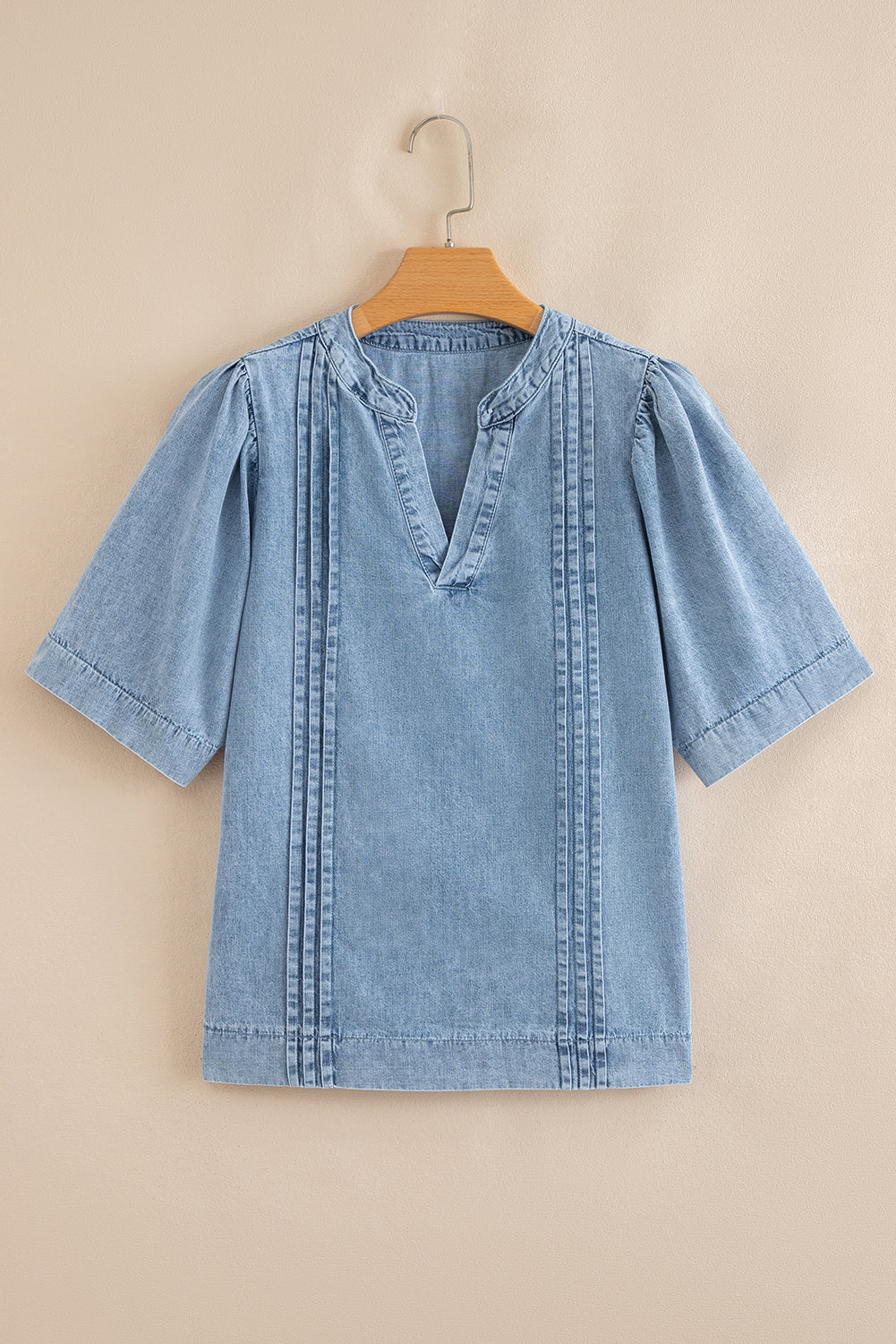 Pintuck Pleats Puff Sleeve Split V Neck Summer Denim Top