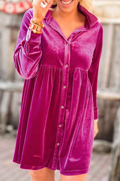 Long Sleeve Ruffle Velvet Button Up Dress