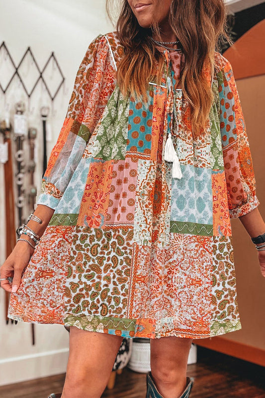 Boho Paisley Print 3/4 Sleeve Chiffon Dress