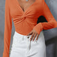 Textured Twist Front V Neck Long Sleeve Slim Solid Color Top