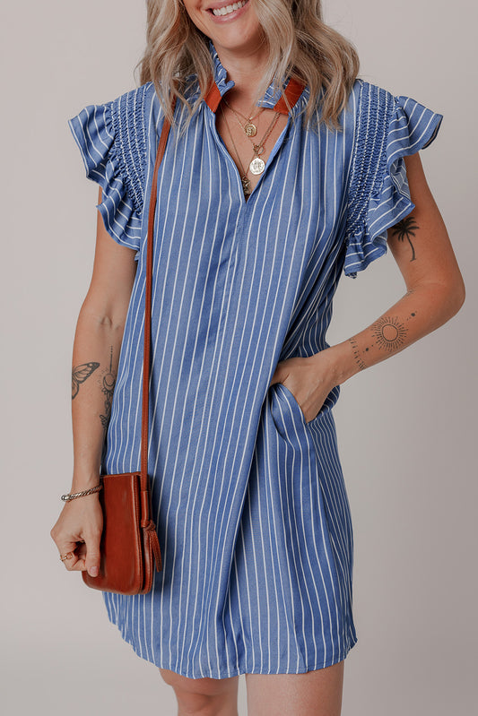Frilly Split Neck Shirred Ruffle Sleeve Short Shift Dress