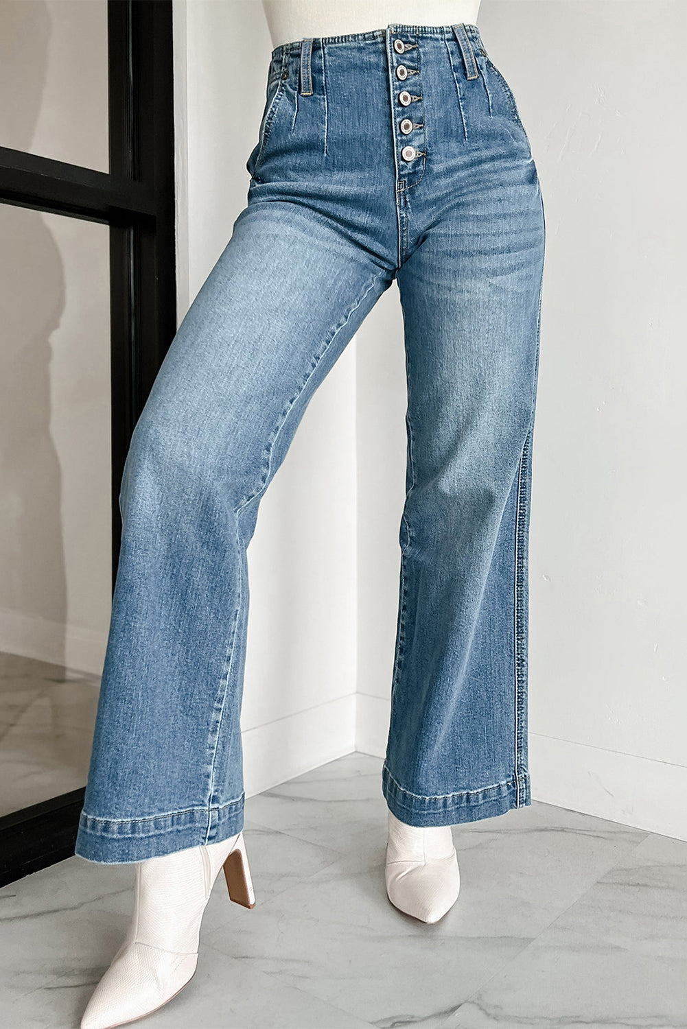 Wash Buttons Straight Wide Leg Jeans