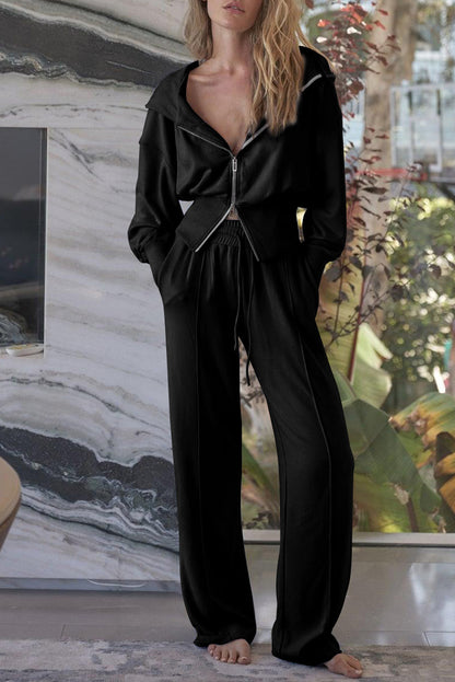 Double Zipper Hooded Jacket and Sweatpants Active Set