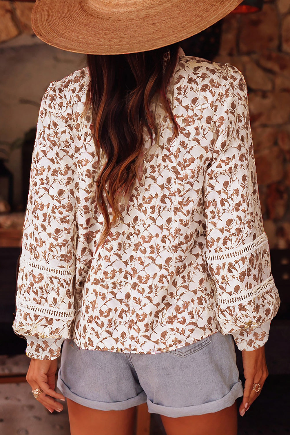 Lace Detail Floral Puff Sleeve Fall Shirt