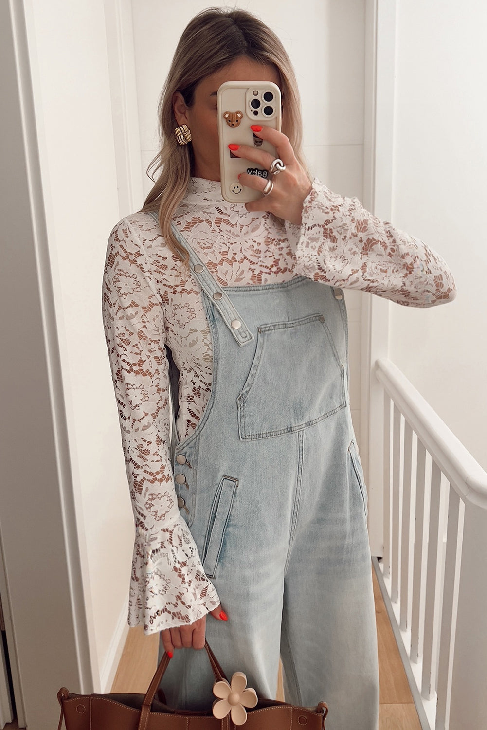 Lace Crochet Bell Sleeve Mock Neck Blouse