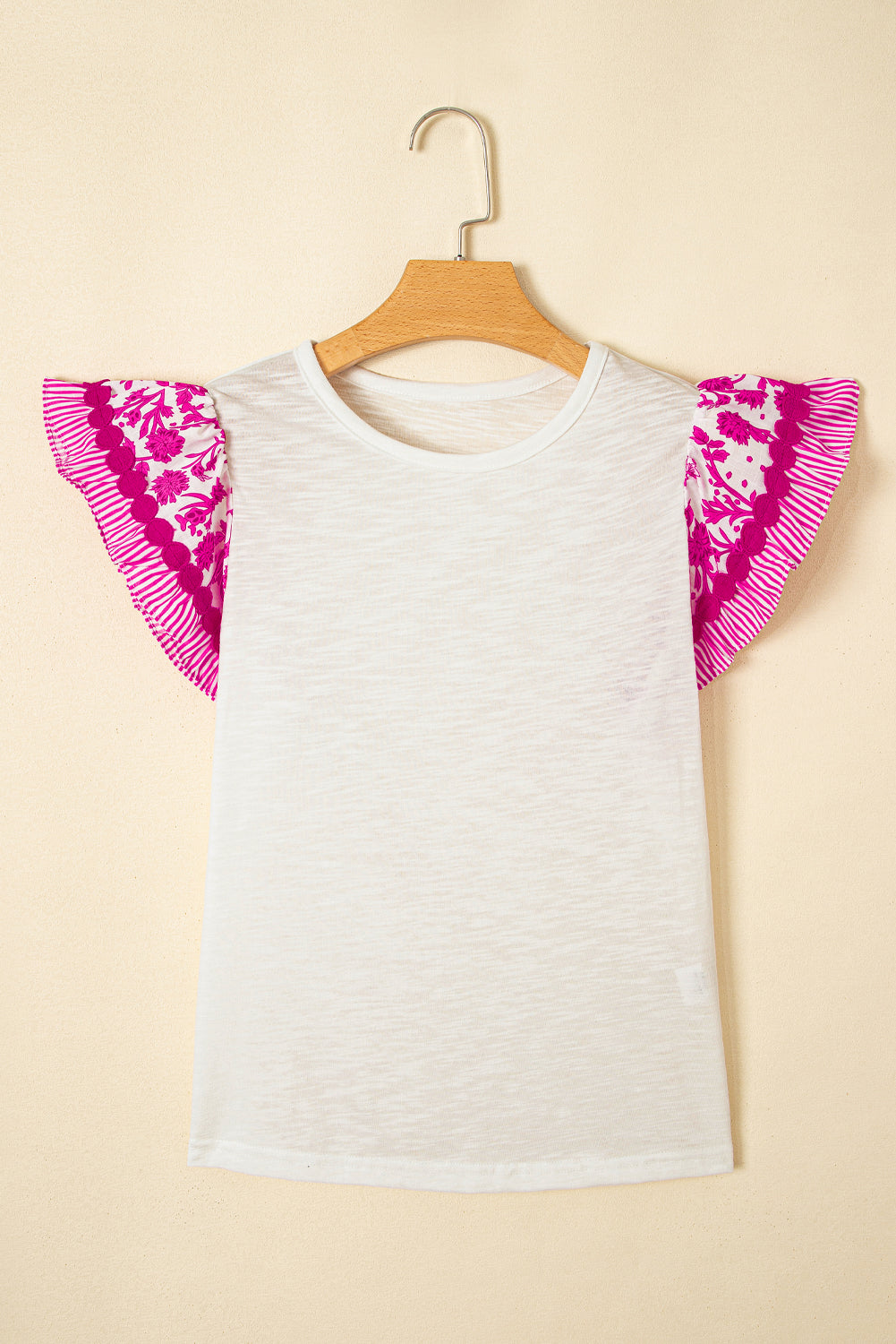 Ricrac Trim Printed Flutter Sleeve Contrast Patchwork Blouse