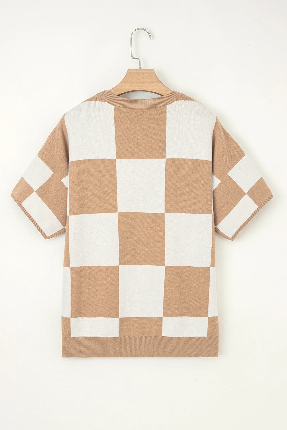 Checkered Pattern Loose Drop Shoulder Half Sleeve Sweater
