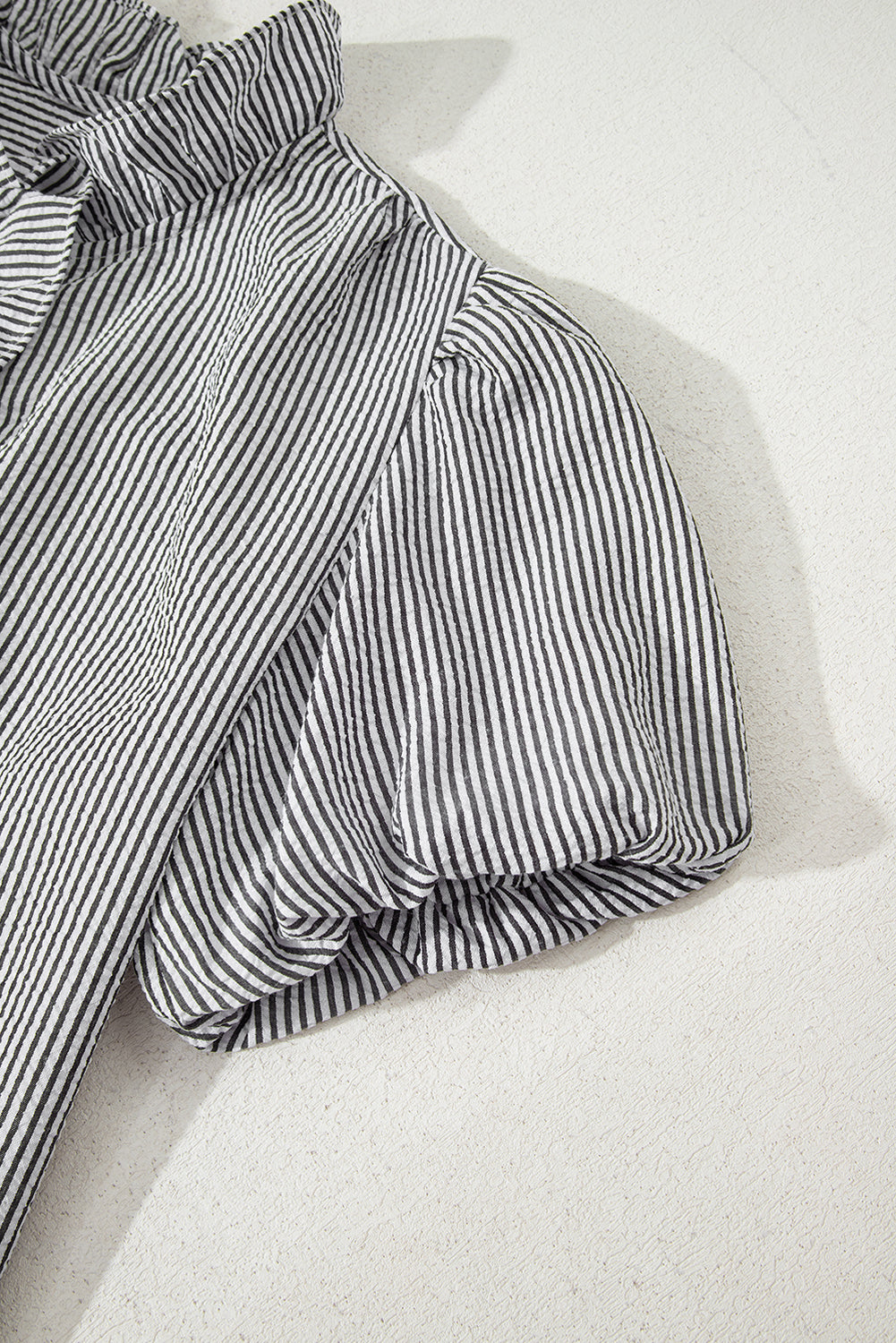 Beau Blue Striped Ruffle Short Bubble Sleeve Shirt