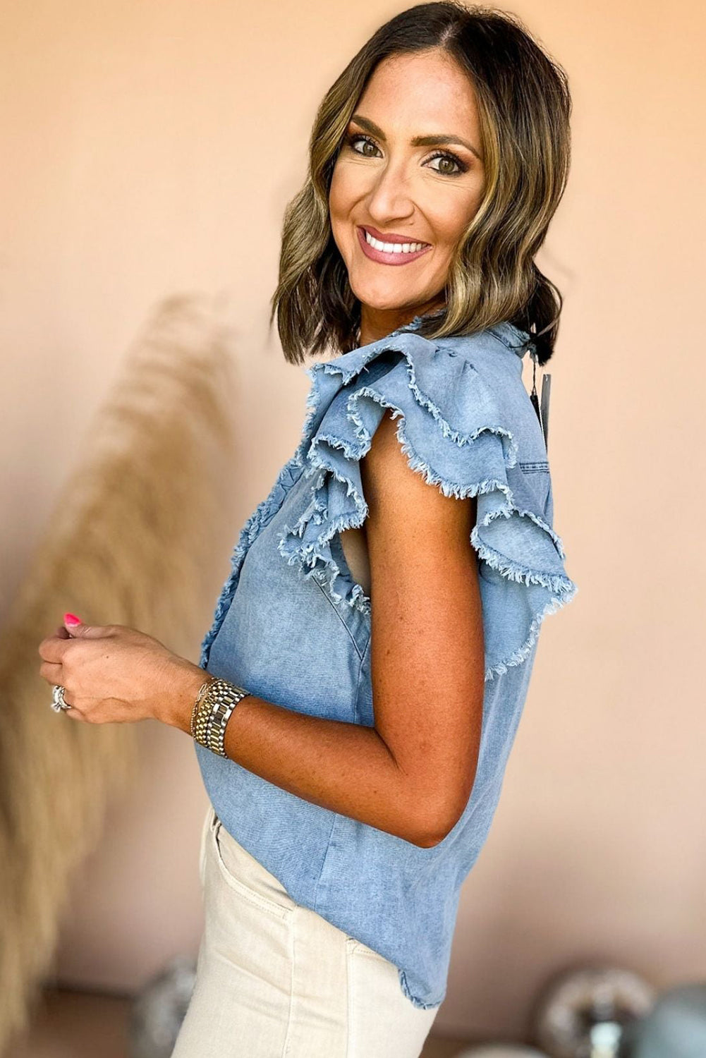 Button Front Ruffled Flutter Frayed Denim Top