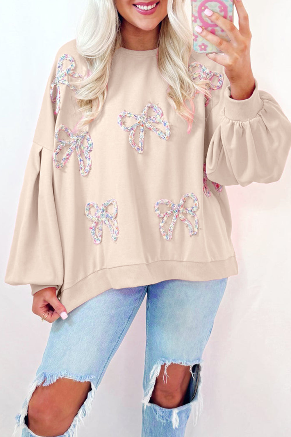 (Pre order/10.10)Bow Decor Loose Sleeve Sweatshirt