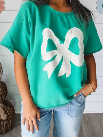 Sea Green Lace Bow Raw Edge Drop Shoulder Casual T Shirt