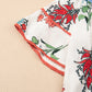 Floral Print Contrast V Neck Tassel Tie Lace Detail Short Sleeve Blouse