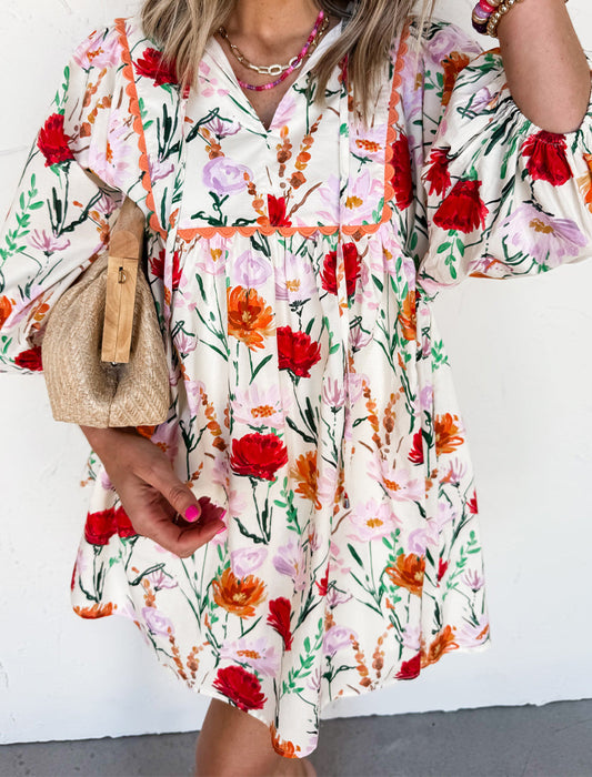 Floral Print 3/4 Puff Sleeve Ricrac Trim Mini Dress