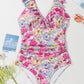 Floral Ruffle Trim V Neck Lace-up Back Tummy Control One Piece Swimsuit