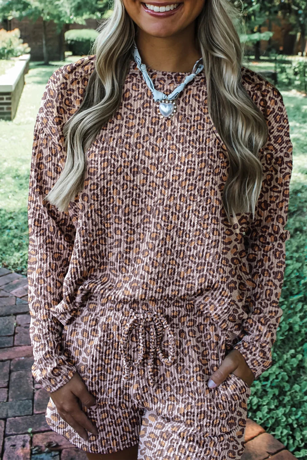 Long Sleeve Top Drawstring Shorts 2pcs Outfit