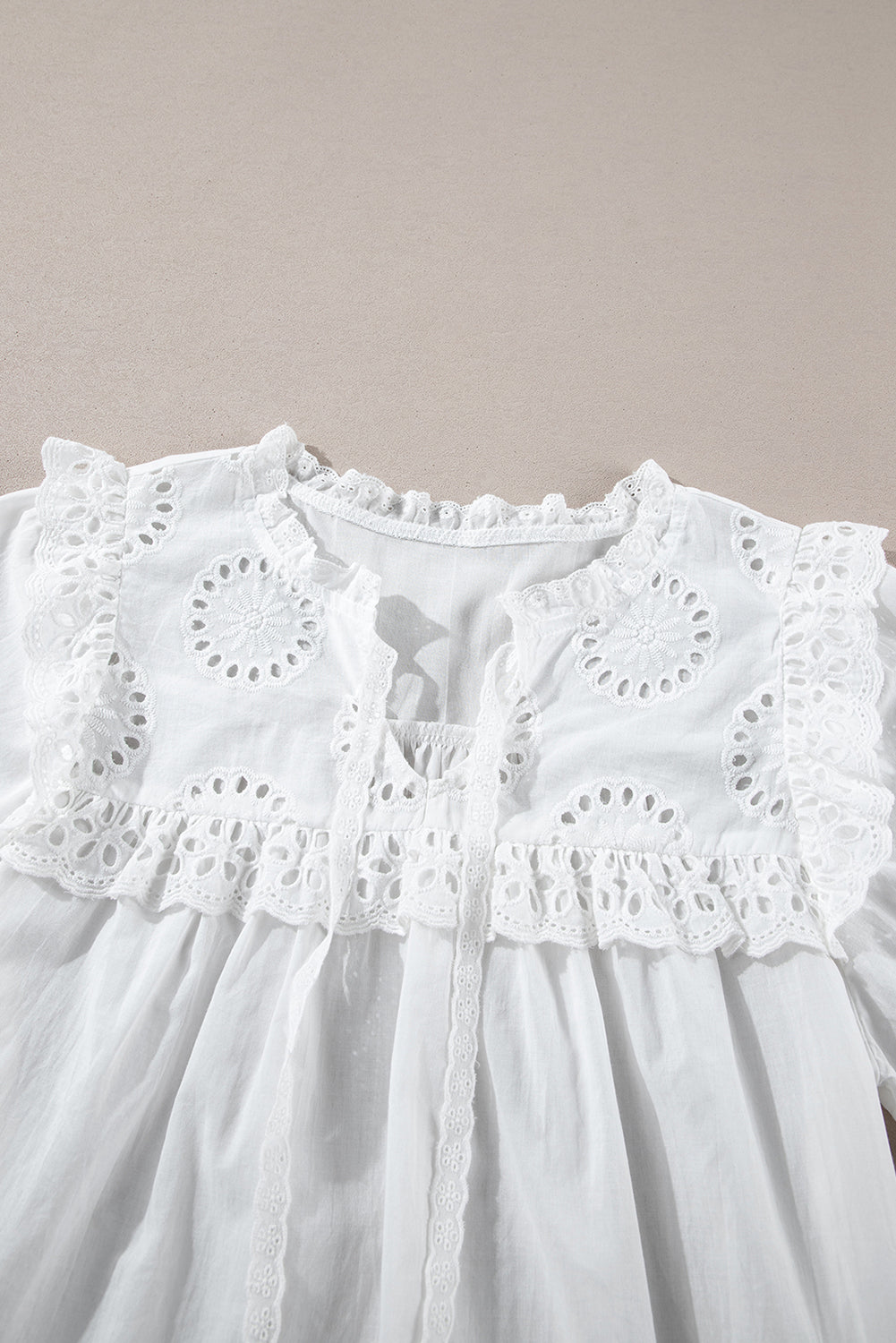 Embroidered Lace Patchwork Tie Neck Puff Short Sleeve Blouse