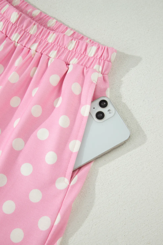 Polka Dot Print Color Block Trim Mock Neck Short Set