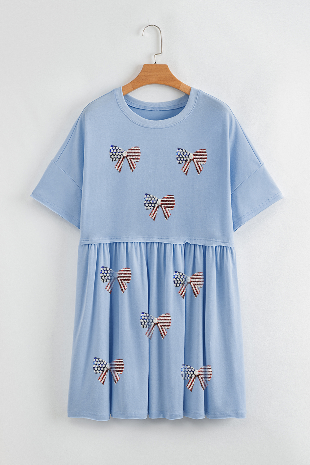 Star and Stripes Sequin Bow Patched T Shirt Babydoll Dress