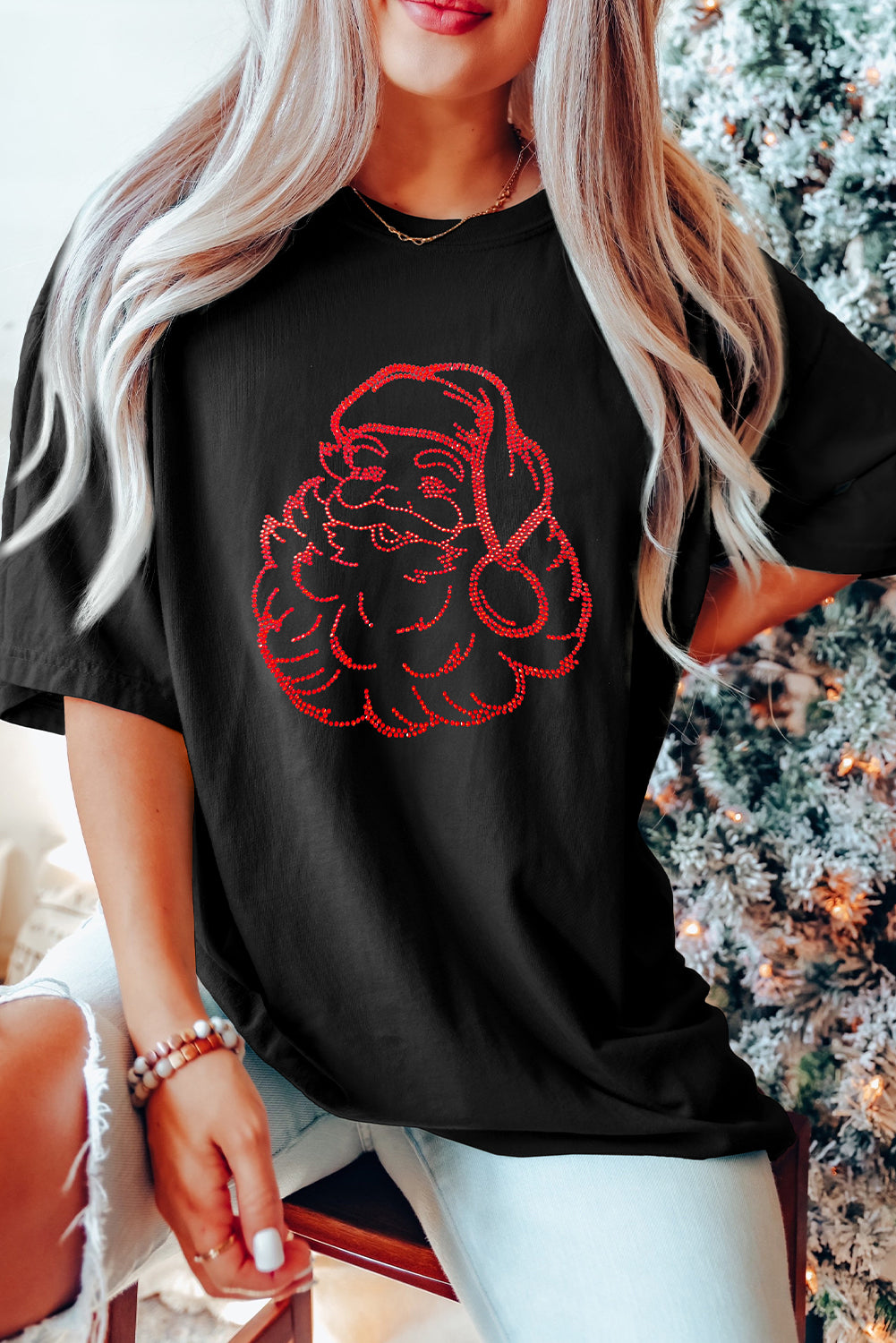 Rhinestone Santa Claus Christmas Graphic T Shirt