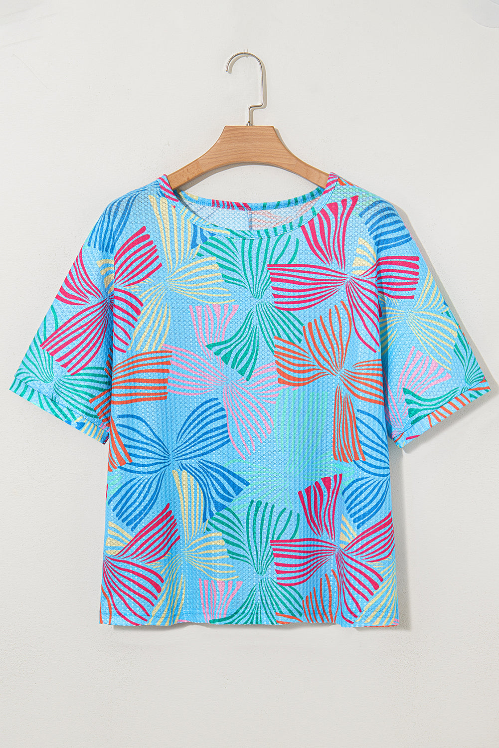 Printed Waffle Crewneck Loose Short Sleeve Top