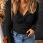 Textured Twist Front V Neck Long Sleeve Slim Solid Color Top
