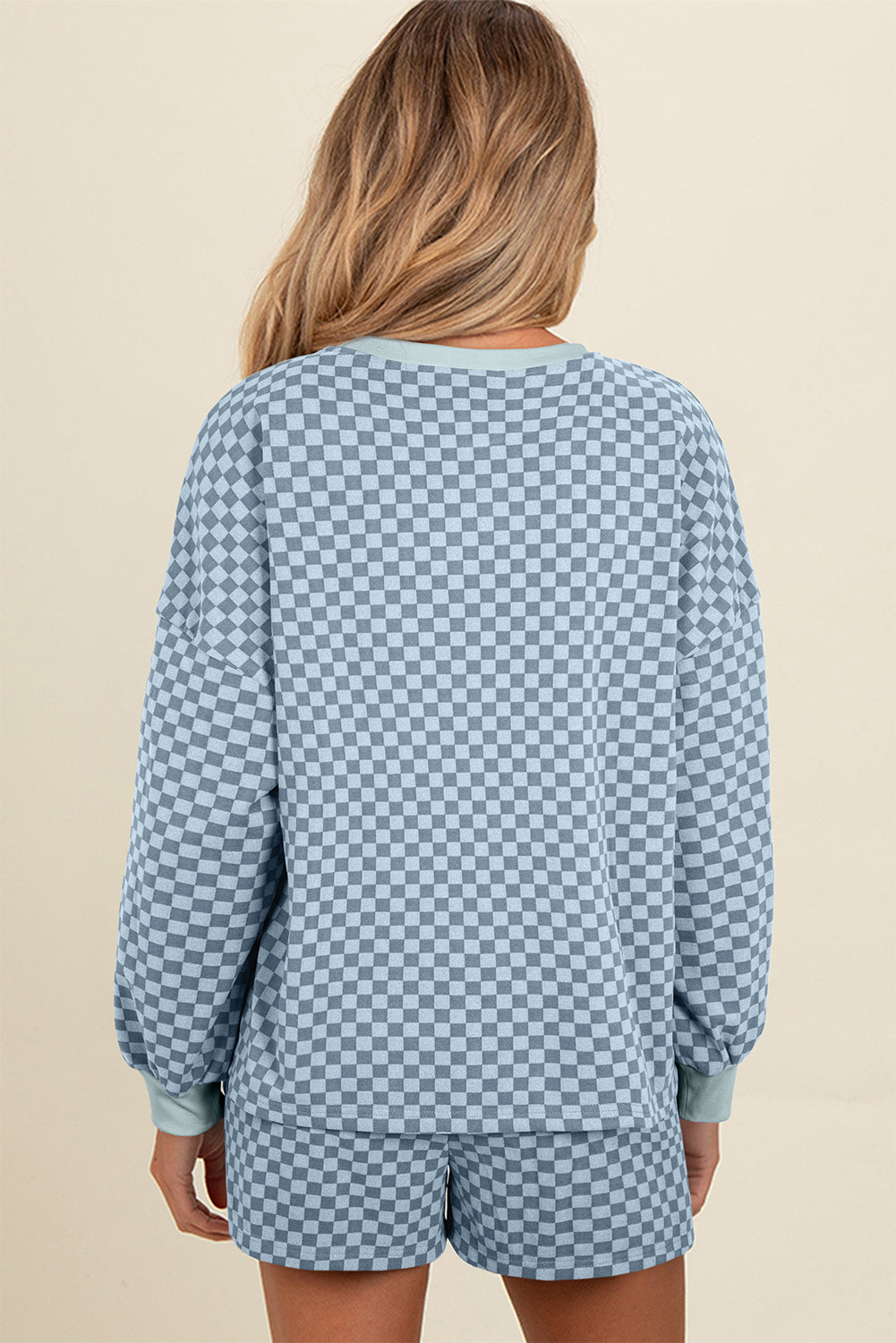 Checkerboard Long Sleeve Pullover and Shorts Set