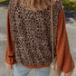 Leopard Floral Print Ribbed Puff Sleeve Patchwork Loose Pullover