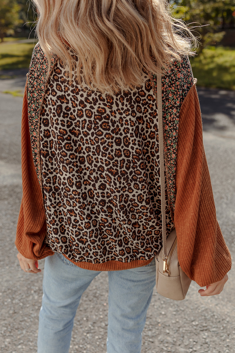 Leopard Floral Print Ribbed Puff Sleeve Patchwork Loose Pullover