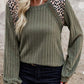 Leopard Print Crochet Patchwork Rib Textured Knit Top
