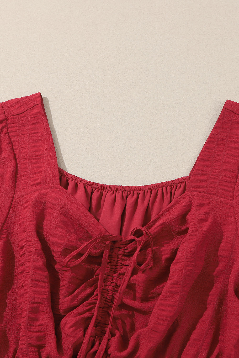 Lace-up Ruched Front Long Sleeve Ruffle Hem Plus Size Midi Dress