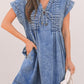Tie V Neck Tucking Detail Short Sleeve Denim Shift Dress