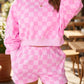 Pink Plaid Checkered Long Sleeve Crop Top Elastic Waist Shorts Two Piece Set