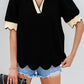 Scallop Trim Color Block Long Sleeve Collared Top